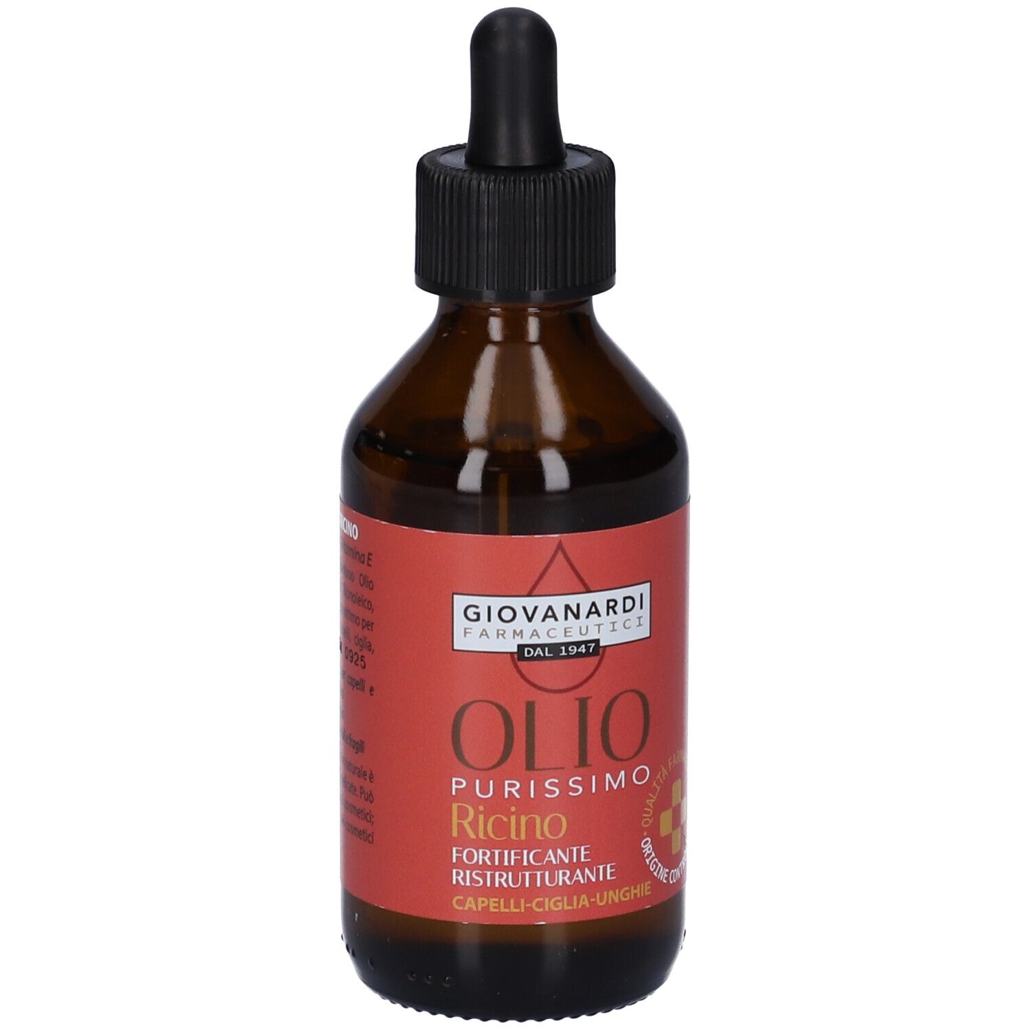 Flacone di vetro marrone con tappo nero e contagocce. Etichetta rossa con nome del prodotto e logo.