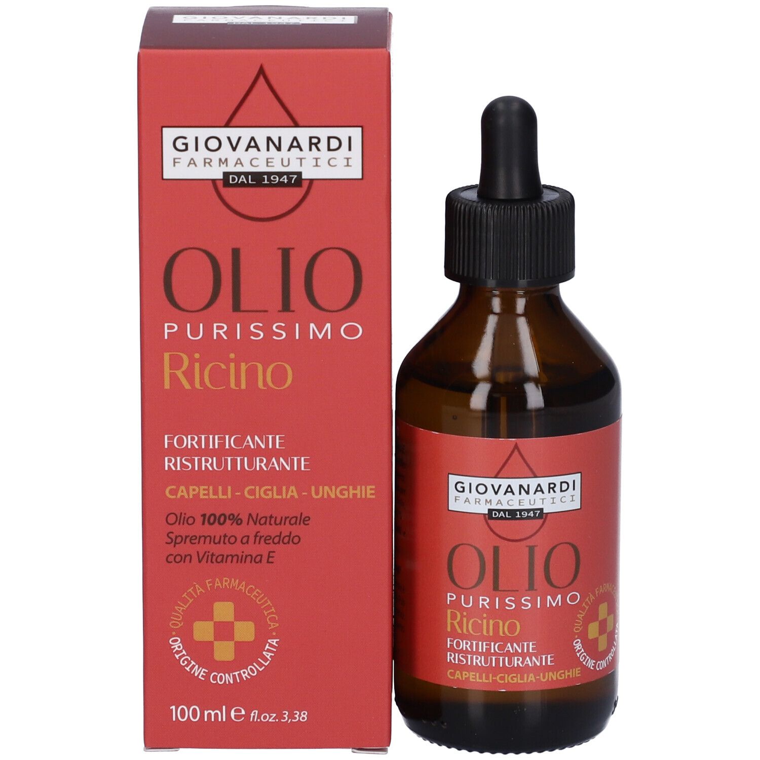 Flacone e confezione del prodotto. Flacone marrone con tappo nero e contagocce. Confezione rossa.