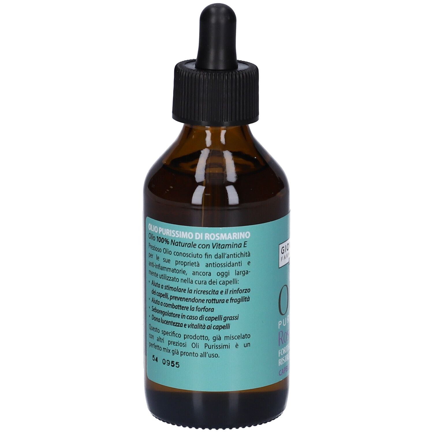 Flacone di vetro marrone con contagocce nero. Etichetta con informazioni sul prodotto. Olio Purissimo di Rosmarino. Con vitamina E.