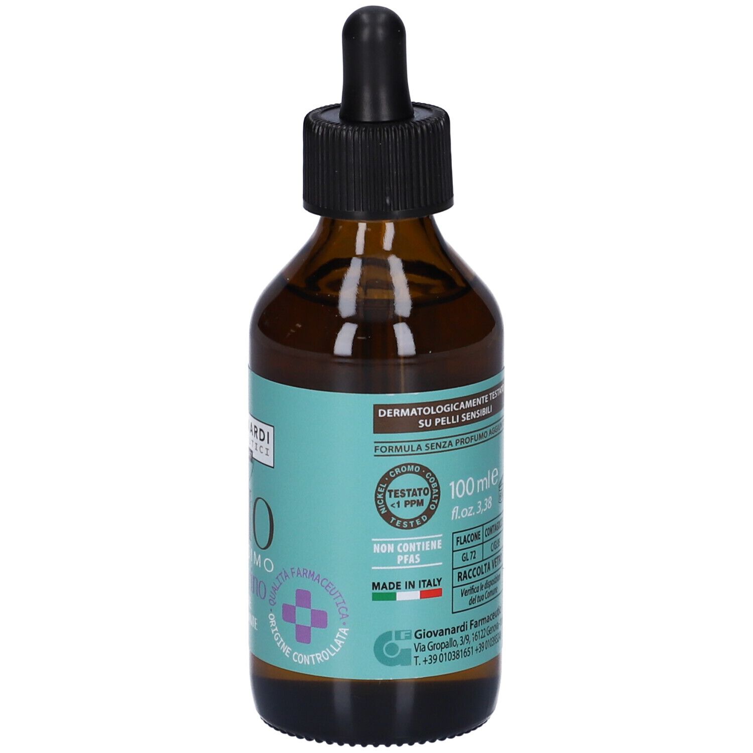 Flacone di vetro marrone con contagocce nero. Etichetta con informazioni sul prodotto. 100ml. Made in Italy. Giovanardi Farmaceutici.