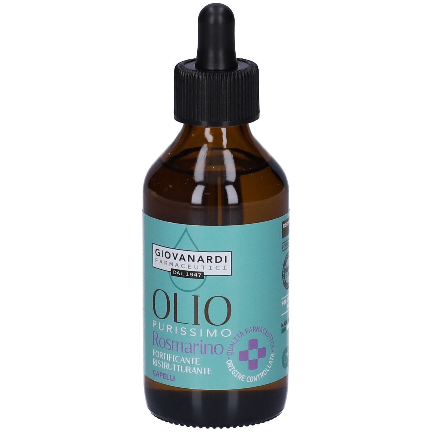Flacone di vetro marrone con contagocce nero. Etichetta con nome del prodotto e marchio Giovanardi Farmaceutici. Olio Purissimo Rosmarino.