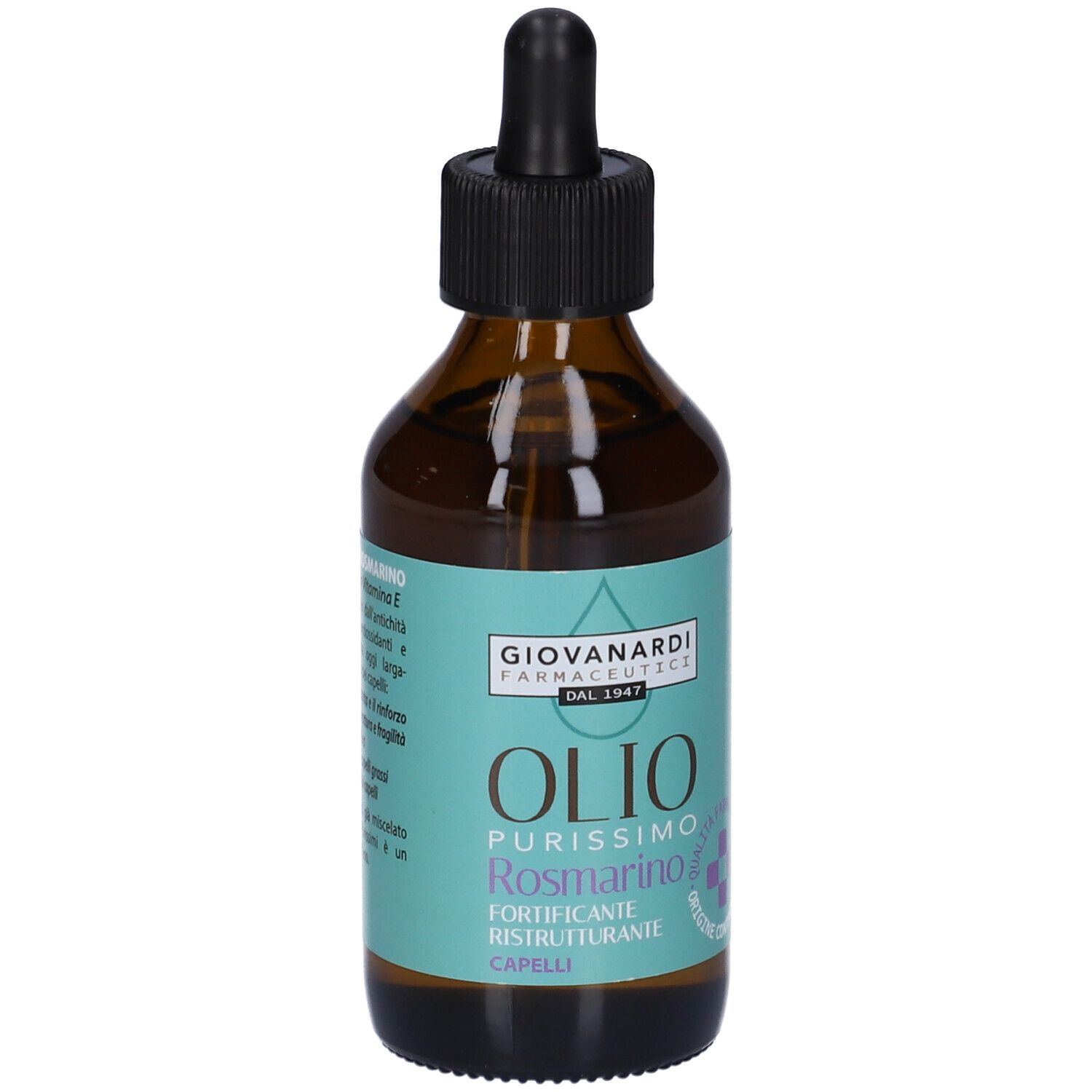 Flacone di vetro marrone con contagocce nero. Etichetta con nome del prodotto e marchio Giovanardi Farmaceutici. Olio Purissimo Rosmarino.