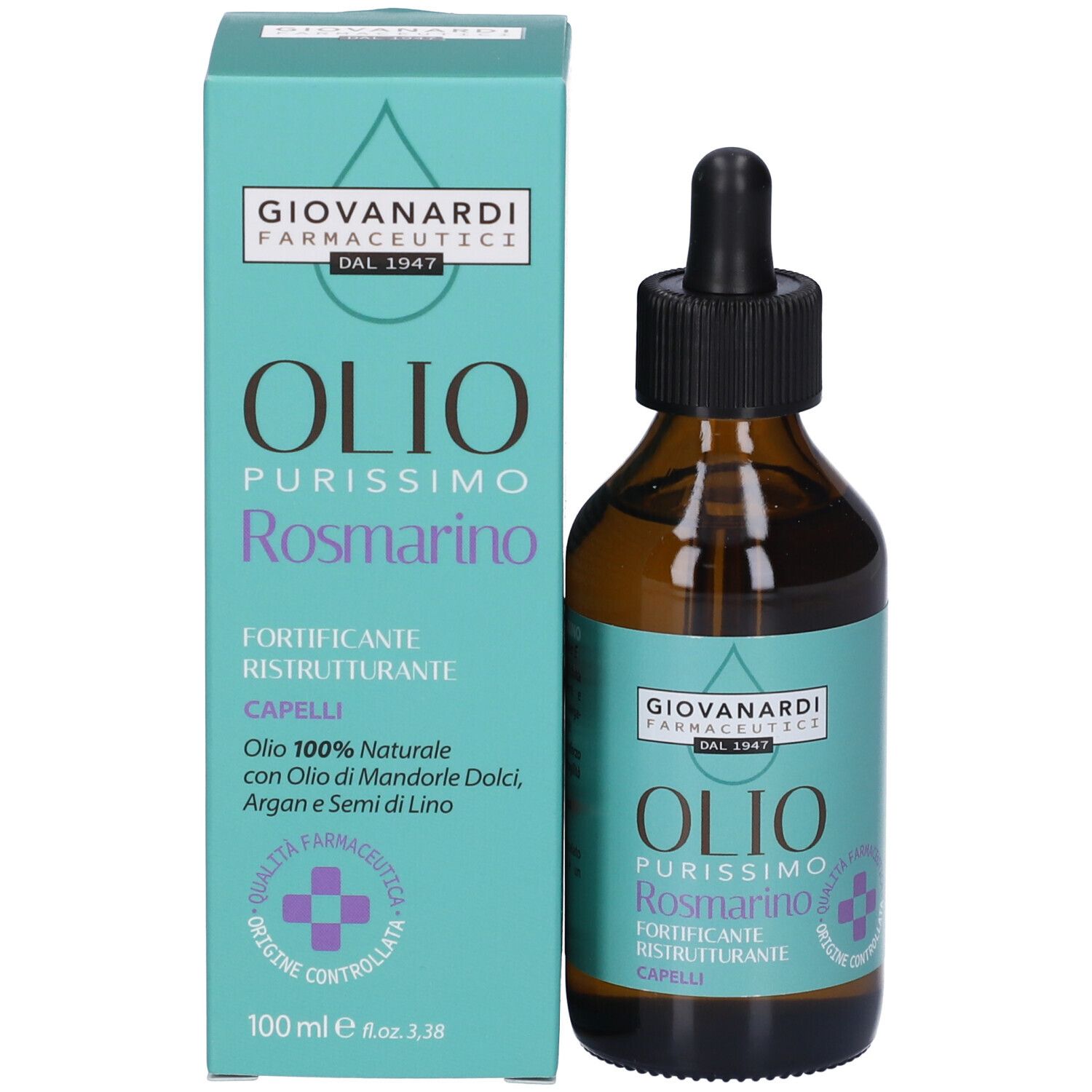 Confezione del prodotto con flacone. Flacone con contagocce nero. Olio Purissimo Rosmarino. Giovanardi Farmaceutici. 100ml.