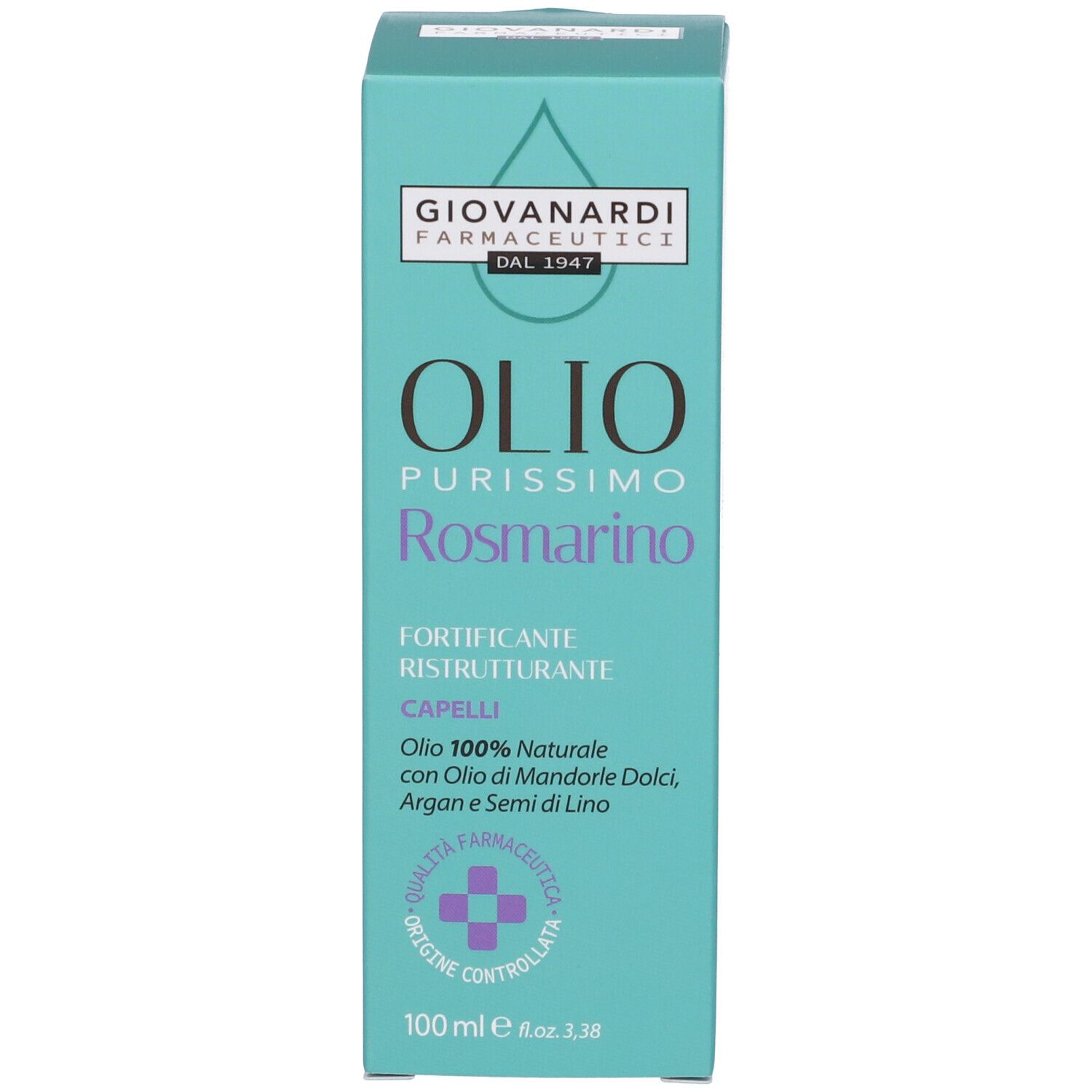 Confezione del prodotto. Olio Purissimo Rosmarino. Giovanardi Farmaceutici. 100ml. Con Olio di Mandorle Dolci, Argan e Semi di Lino.