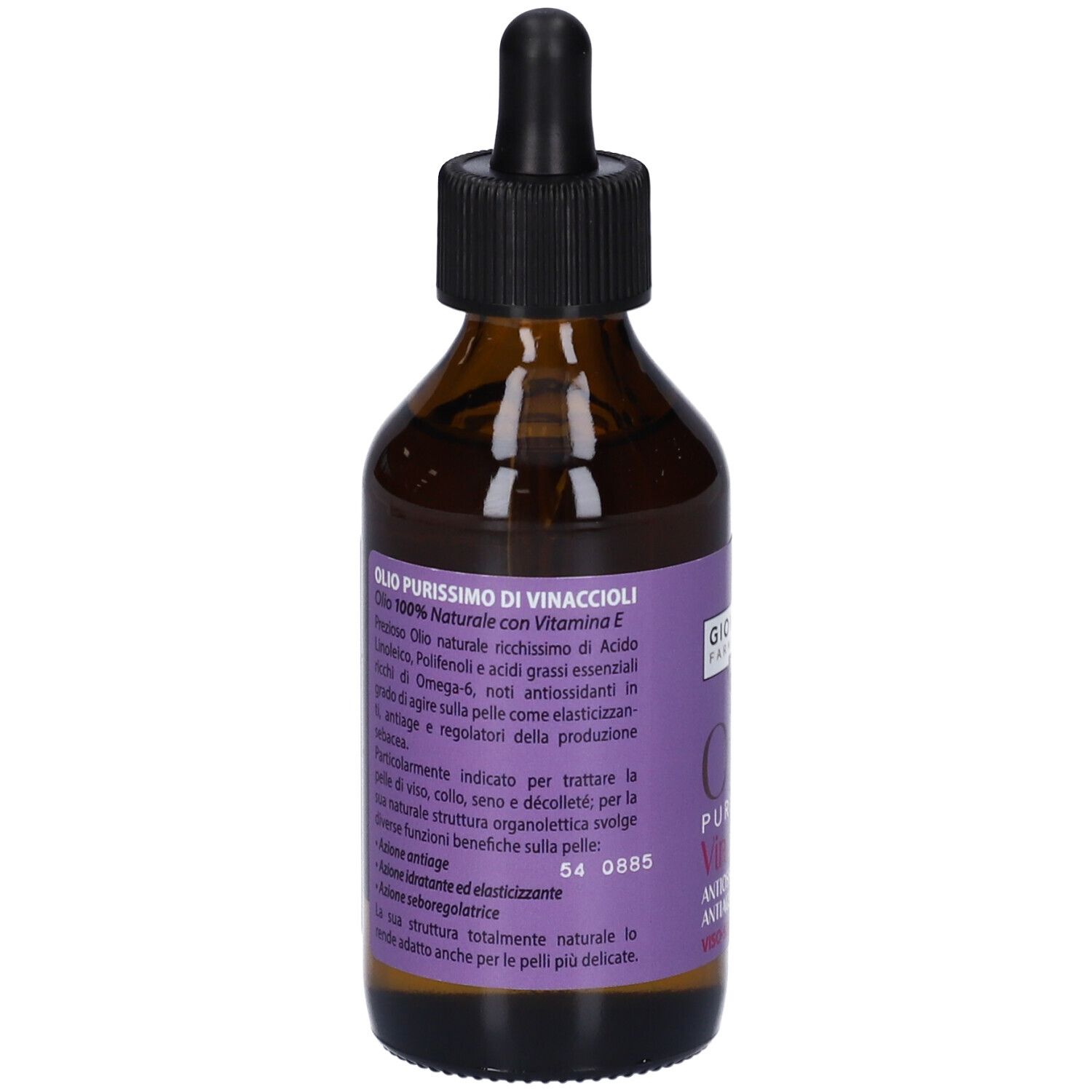 Retro del flacone di vetro marrone. Etichetta viola con informazioni sul prodotto e testo.