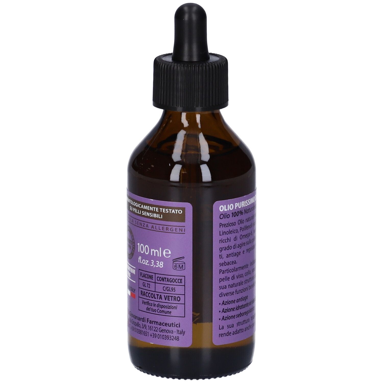 Flacone di vetro marrone con contagocce. Etichetta viola con informazioni e testo. 100 ml.