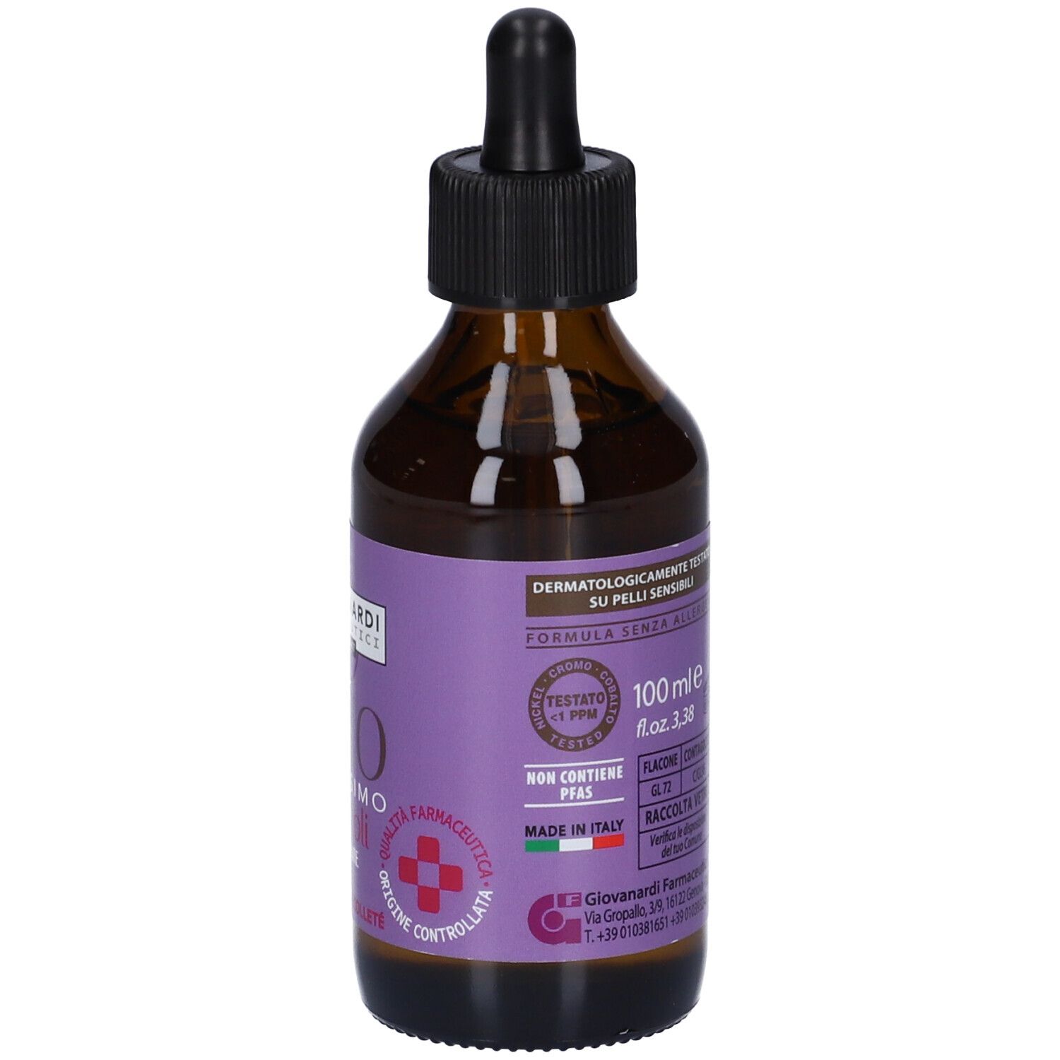 Flacone di vetro marrone con contagocce. Etichetta viola con informazioni e testo. 100 ml.