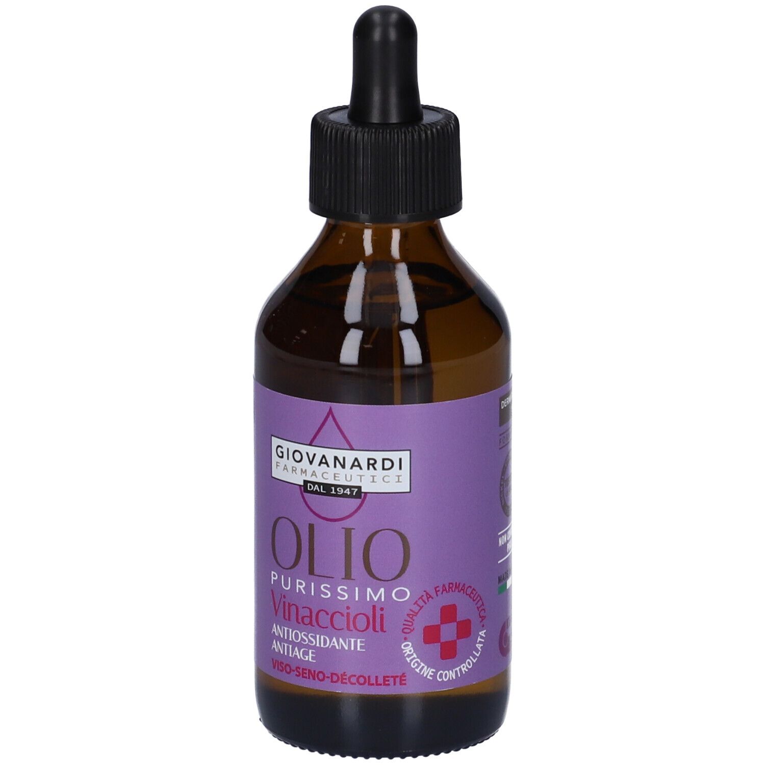 Flacone di vetro marrone con tappo nero e contagocce. Etichetta viola con nome del prodotto e logo.
