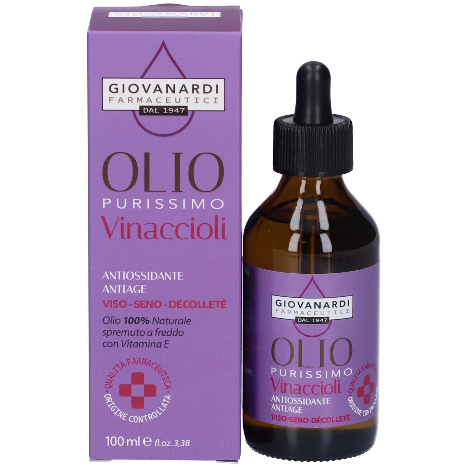 Flacone e confezione del prodotto. Flacone marrone con contagocce, scatola viola con informazioni.