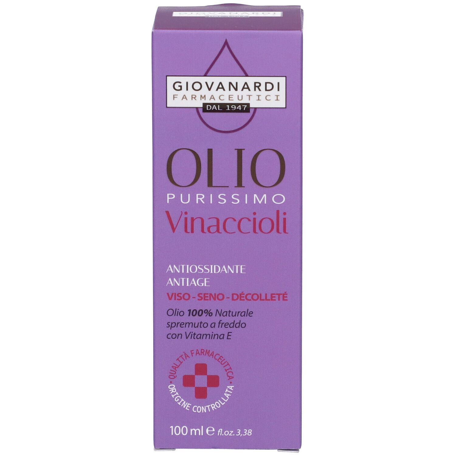 Confezione viola del prodotto. Testo con nome del prodotto e informazioni. 100 ml.