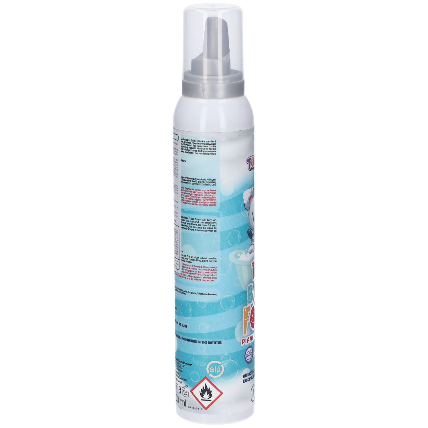 Retro del flacone con testo e simboli. Contiene avvertenze e ingredienti. Con erogatore spray.