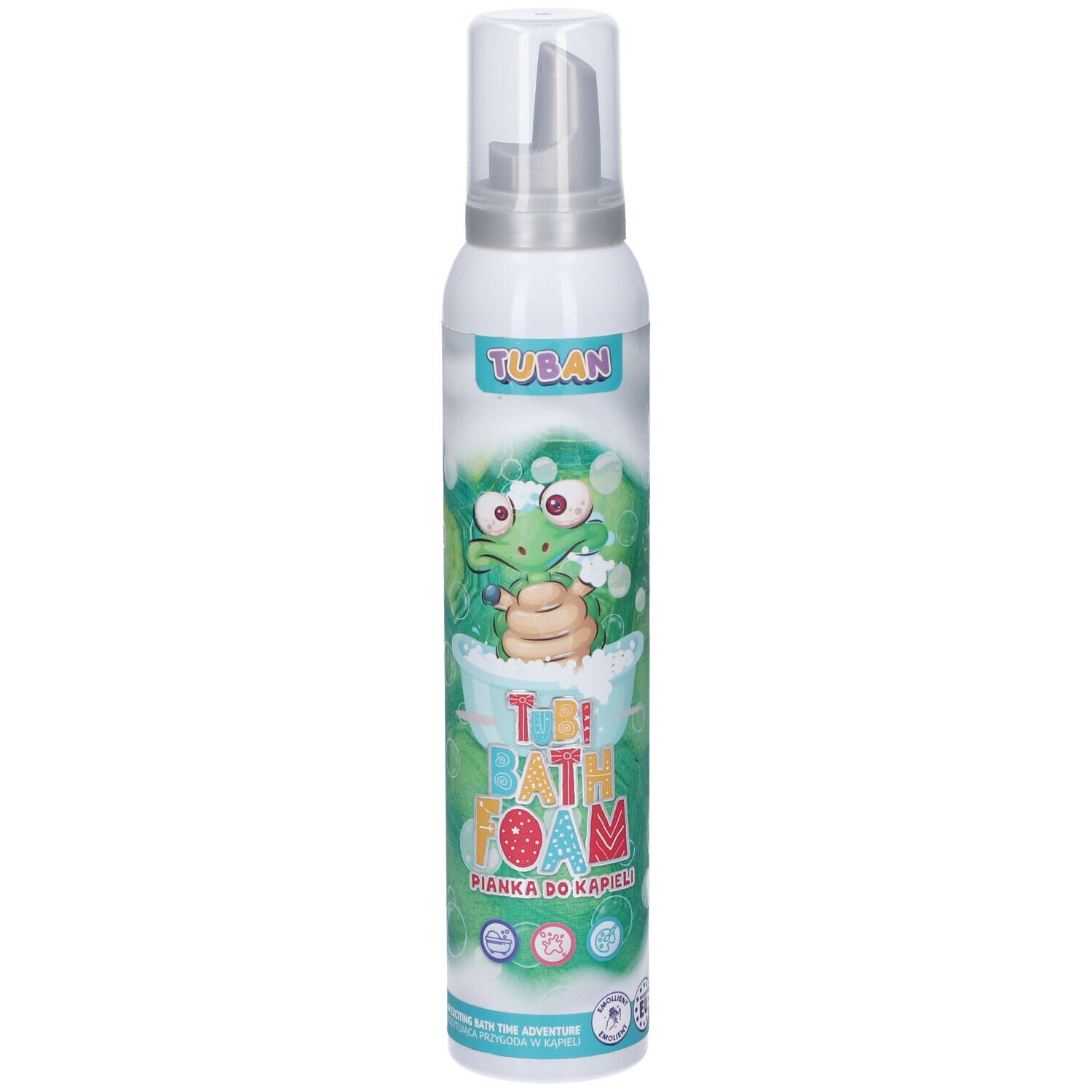 Flacone bianco con etichetta verde. Scritta: TUBAN, Tobi Bath Foam. Illustrazione di una rana in una vasca da bagno.