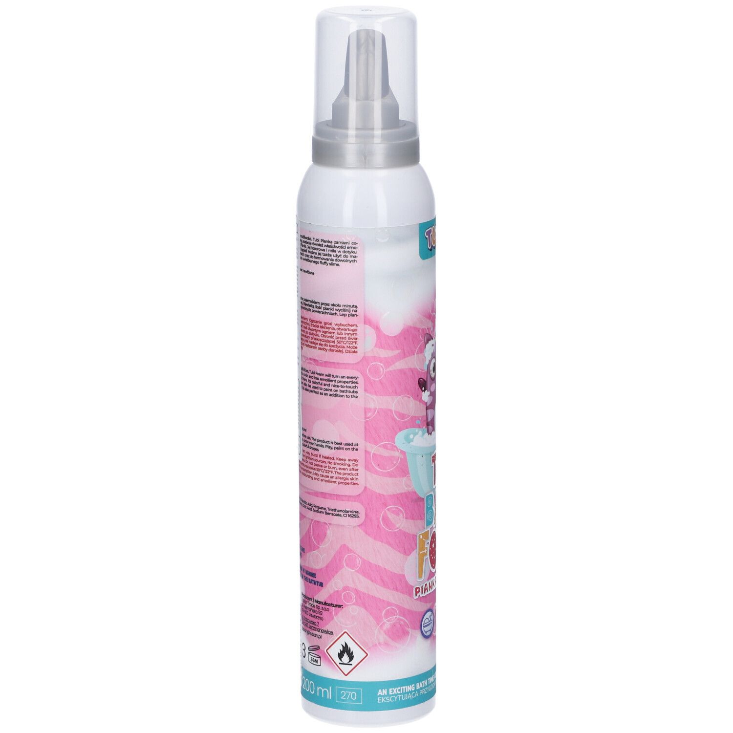 Flacone bianco con stampa rosa. Testo e simboli sul retro. Erogatore in alto. Contiene 200 ml.