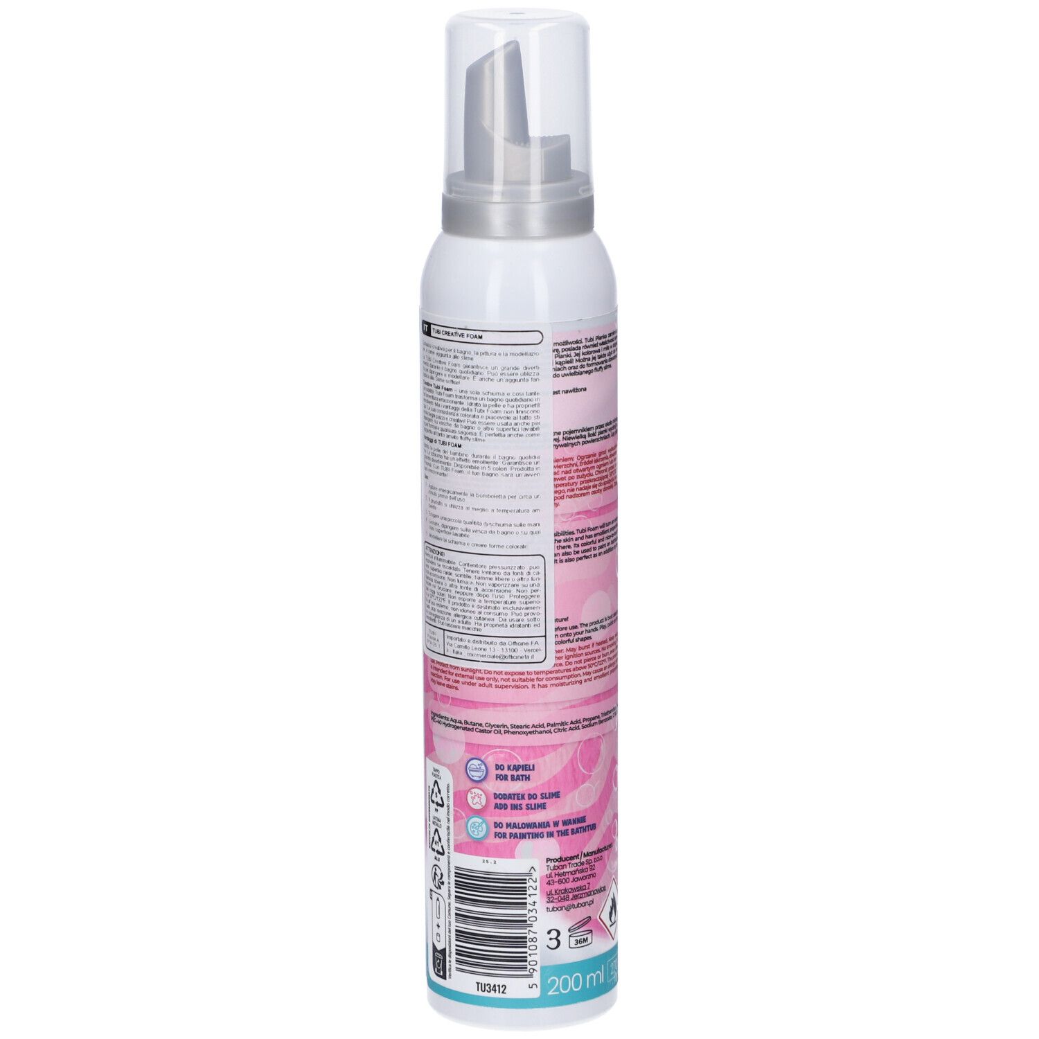 Flacone bianco con stampa rosa. Retro con testo e codice a barre. Erogatore in alto. Contiene 200 ml.