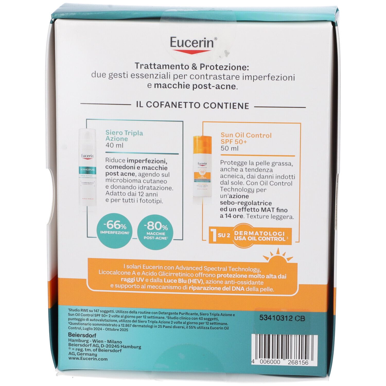 Retro confezione Eucerin Dermopure Routine 2Pz. Informazioni e dettagli dei prodotti contenuti.