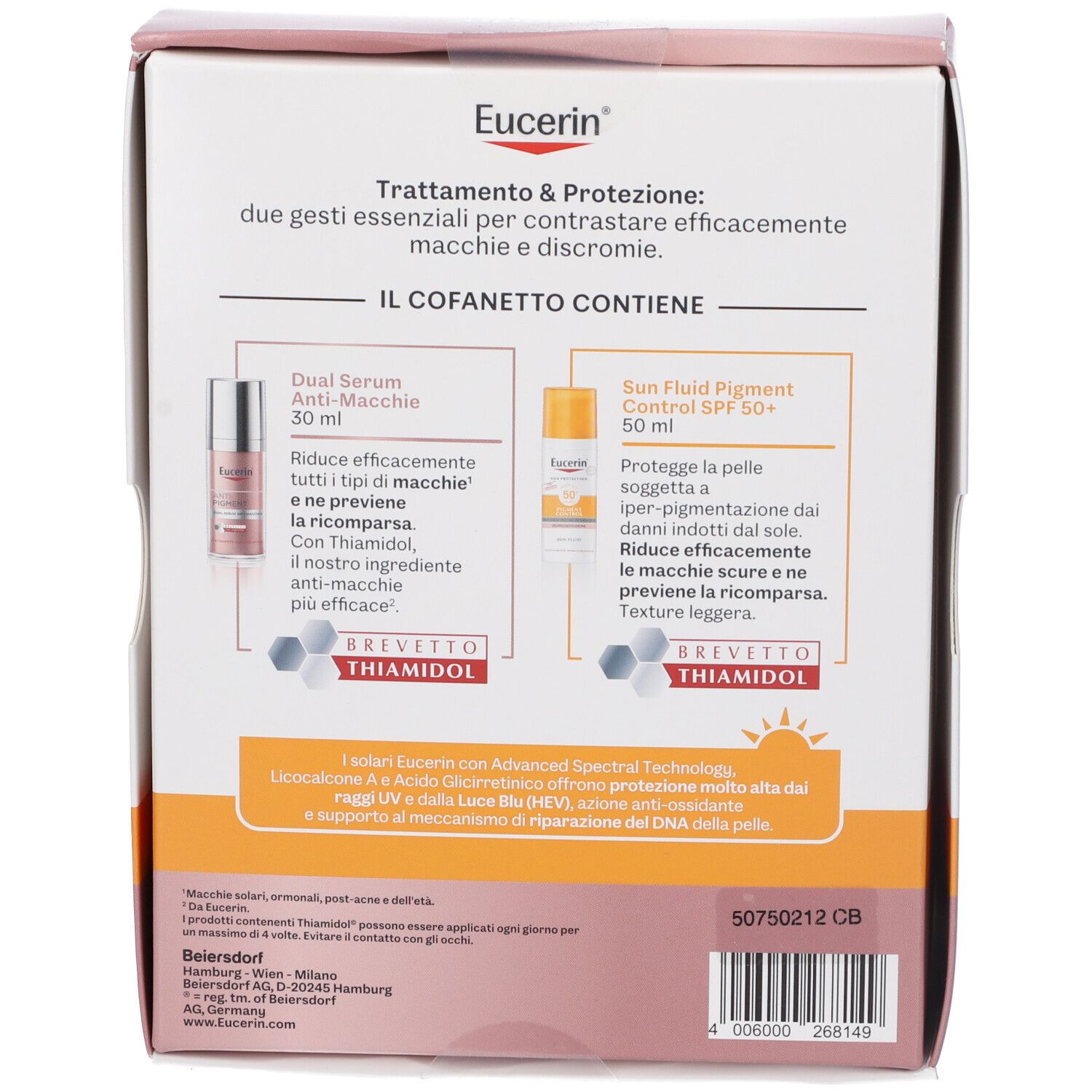 Retro della confezione regalo Eucerin. Contiene descrizioni dei prodotti e informazioni. Con logo e testo.