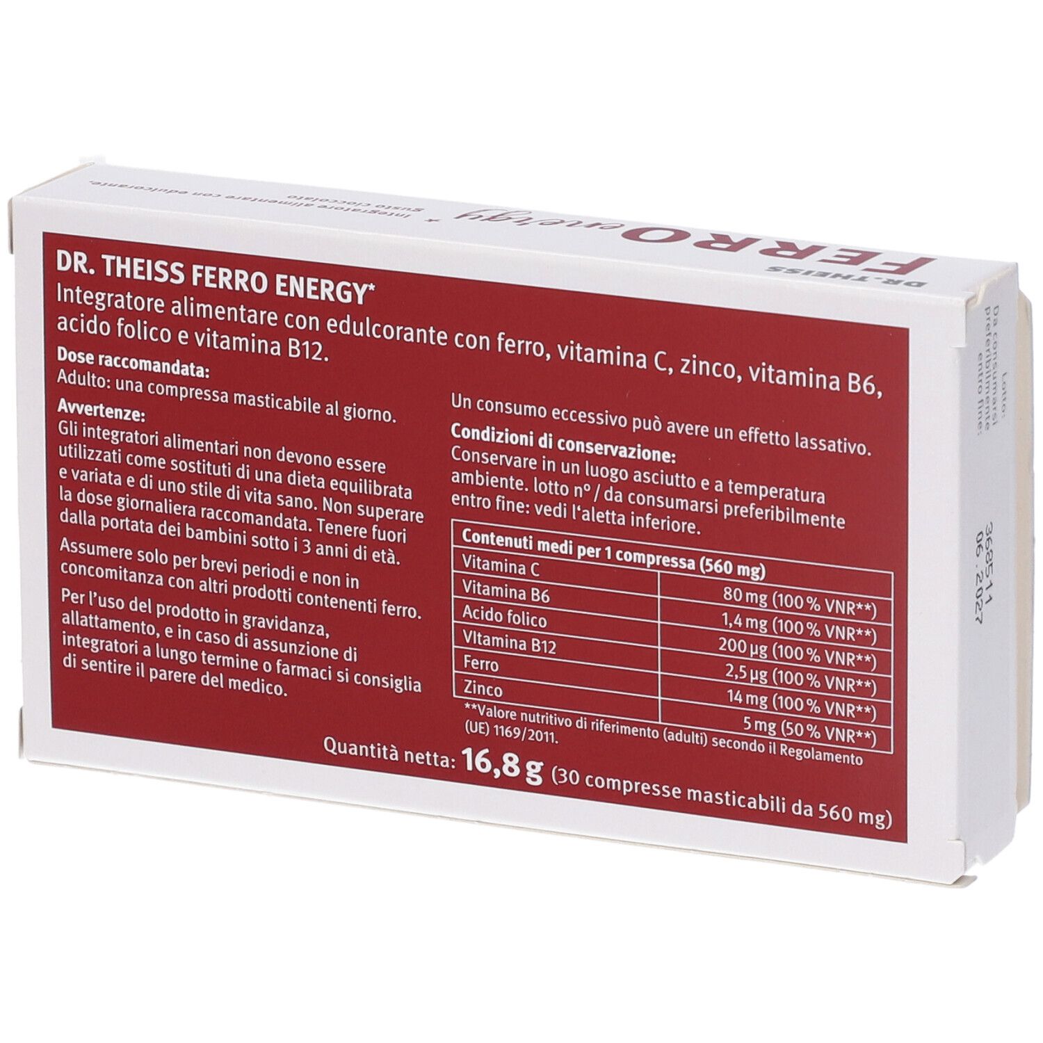 Retro della confezione di Ferro Energy. Contiene informazioni sugli ingredienti e i valori nutrizionali. Scritta: Dr. Theiss.