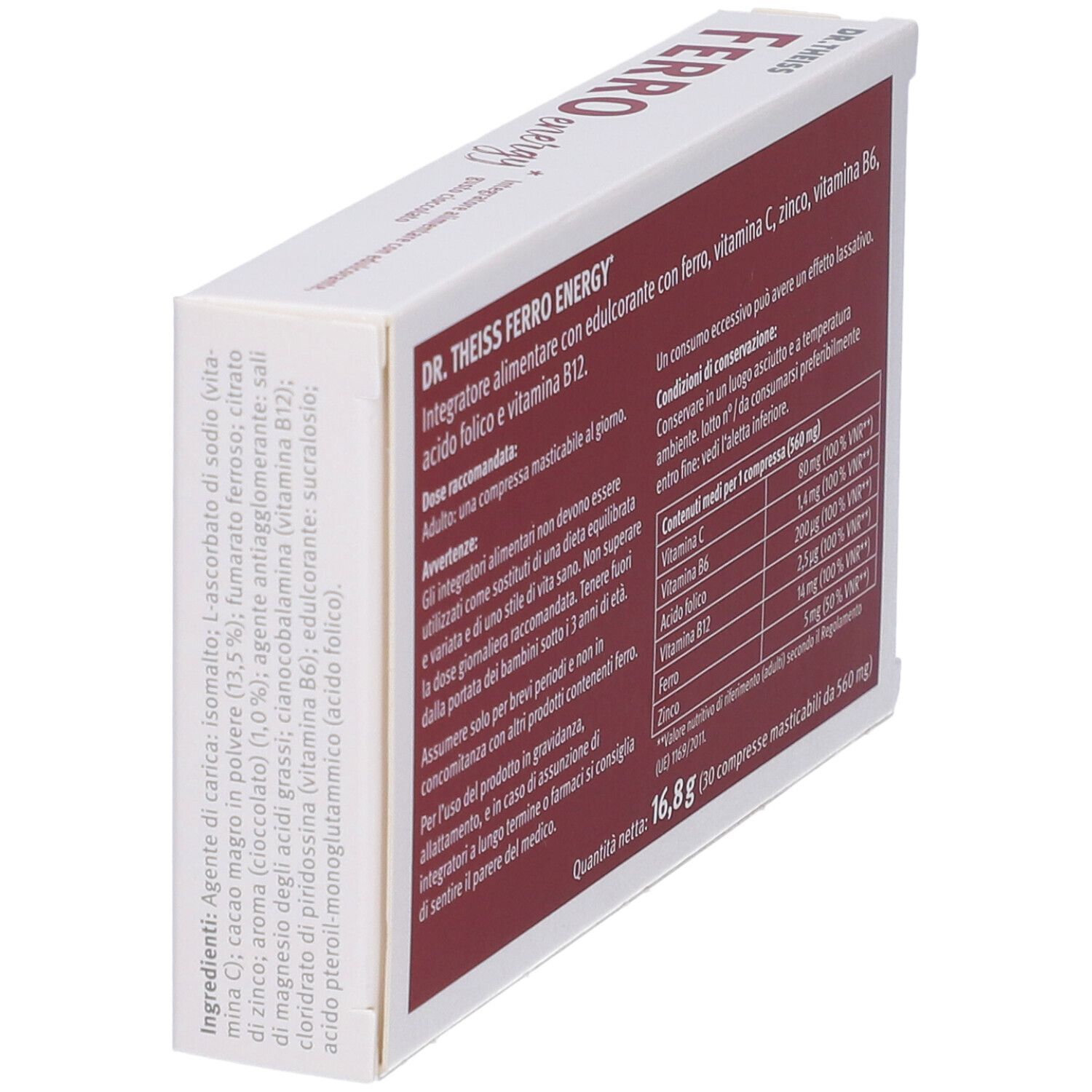 Retro della confezione di Ferro Energy. Contiene informazioni sugli ingredienti e i valori nutrizionali. Scritta: Dr. Theiss.