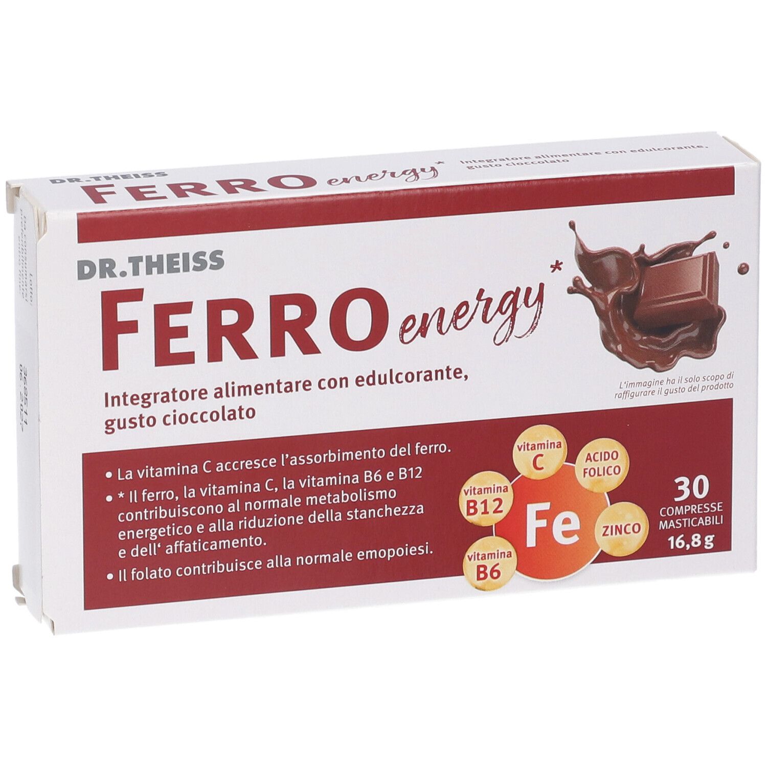 Confezione di Ferro Energy. Contiene 30 compresse masticabili. Scritta: Dr. Theiss, Ferro Energy, gusto cioccolato.