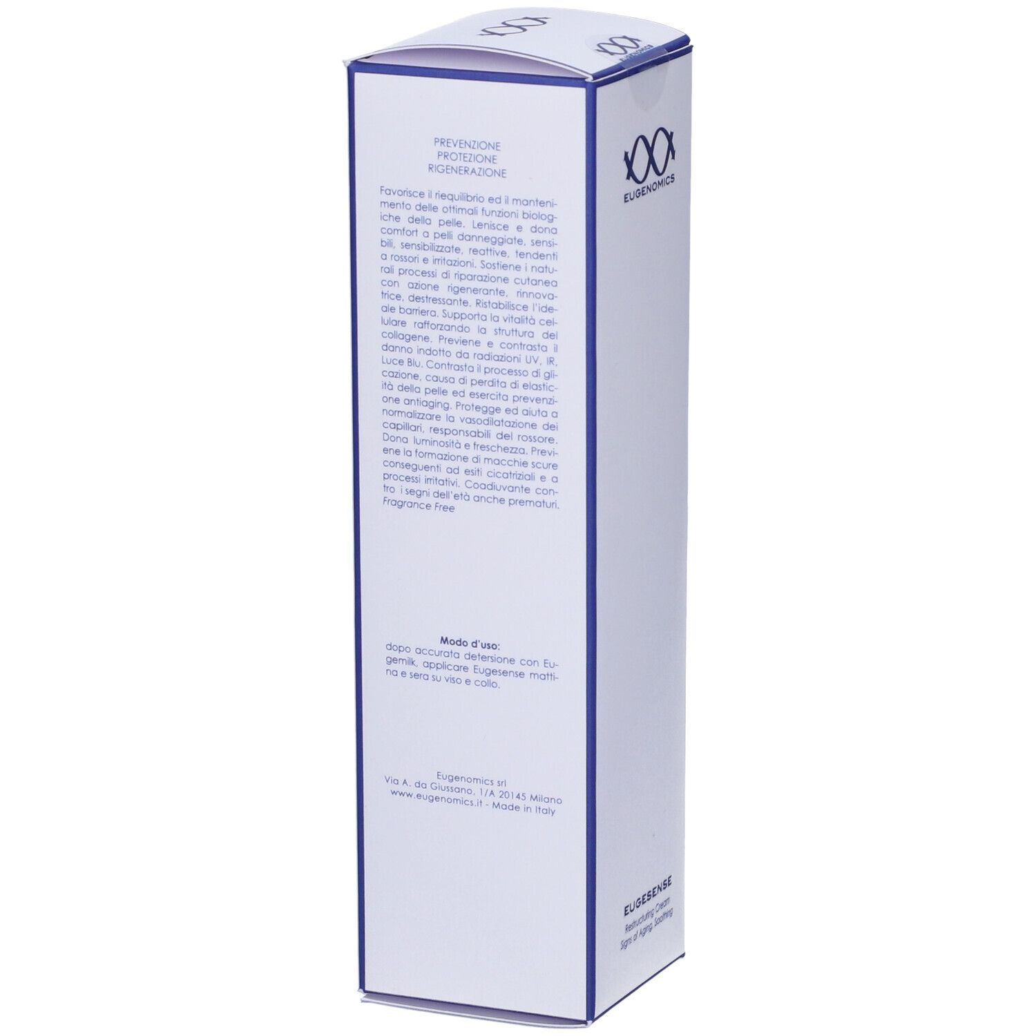 Confezione bianca con bordi blu. Testo in italiano. Logo "EUGENOMICS".