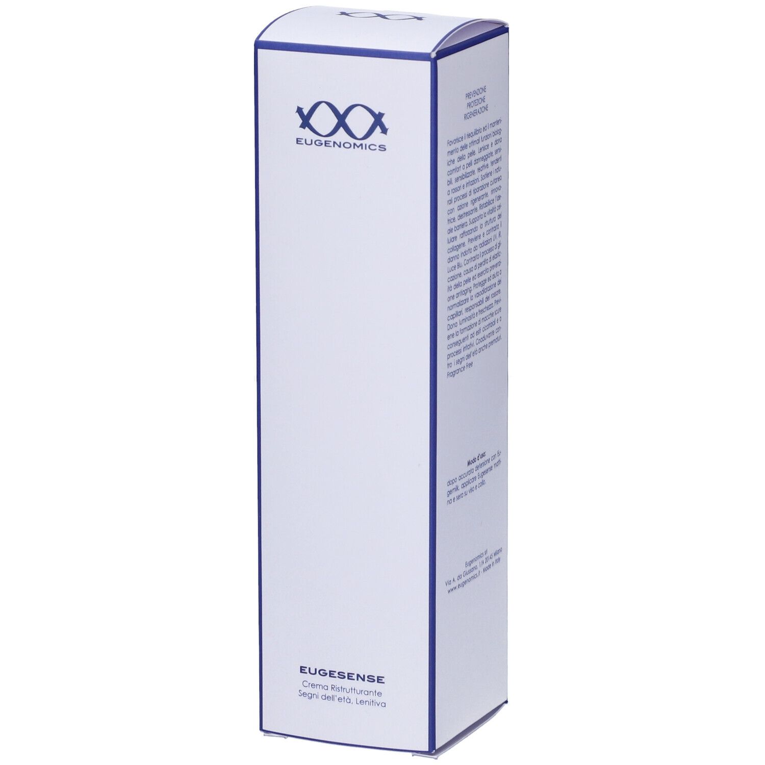 Confezione bianca con bordi blu. Logo "EUGENOMICS". Testo in italiano.