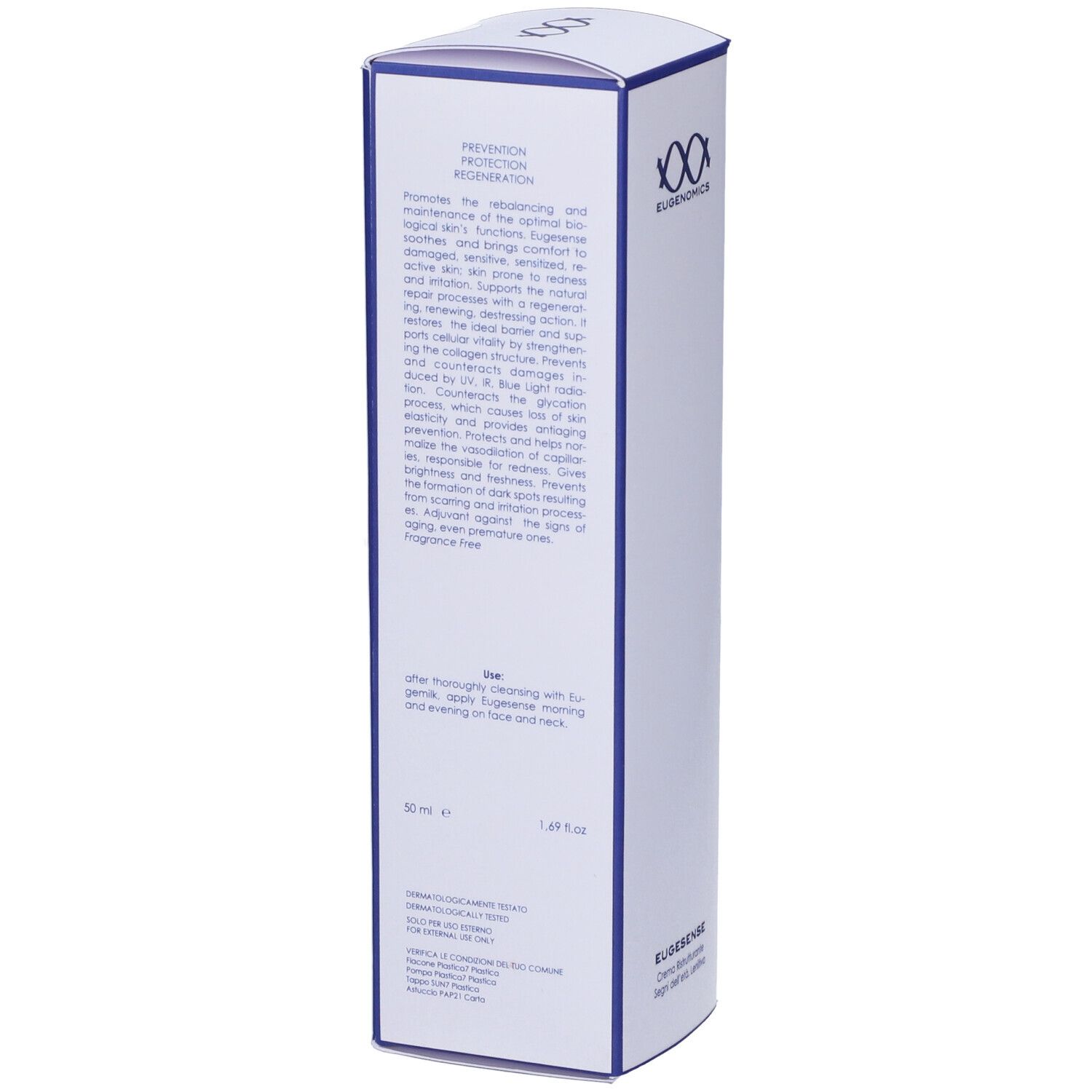 Confezione bianca con bordi blu. Testo in inglese. Logo "EUGENOMICS".