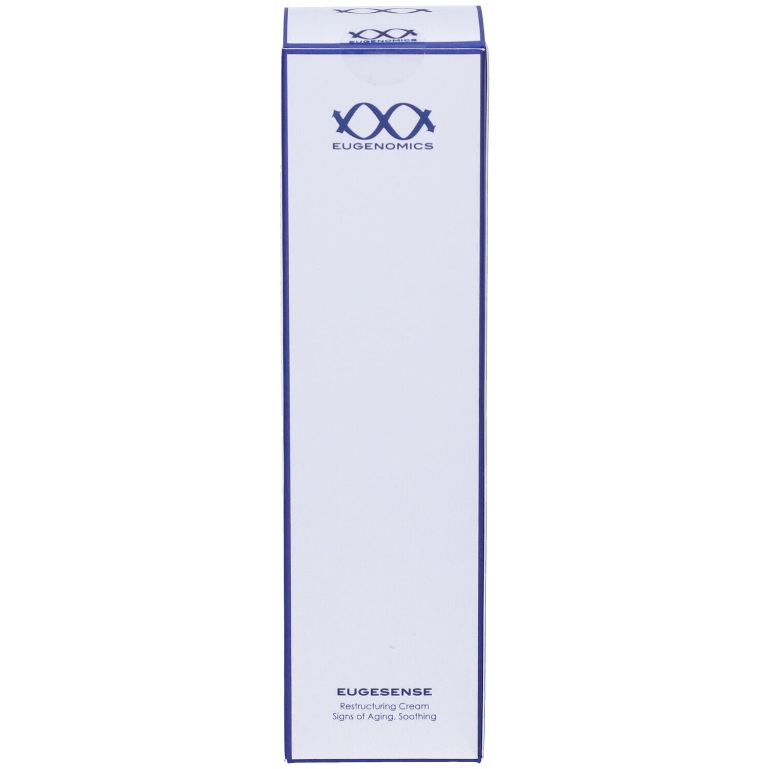 Confezione bianca con bordi blu. Logo "EUGENOMICS". "EUGESENSE Crema Ristrutturante" in basso.