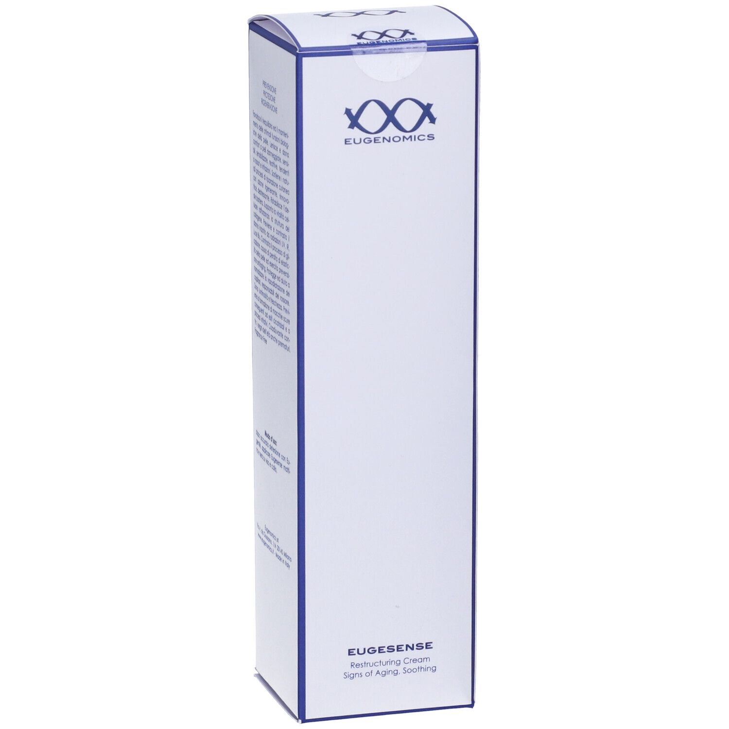 Confezione bianca con bordi blu. Testo in inglese. Logo "EUGENOMICS". "EUGESENSE Crema Ristrutturante" in basso.
