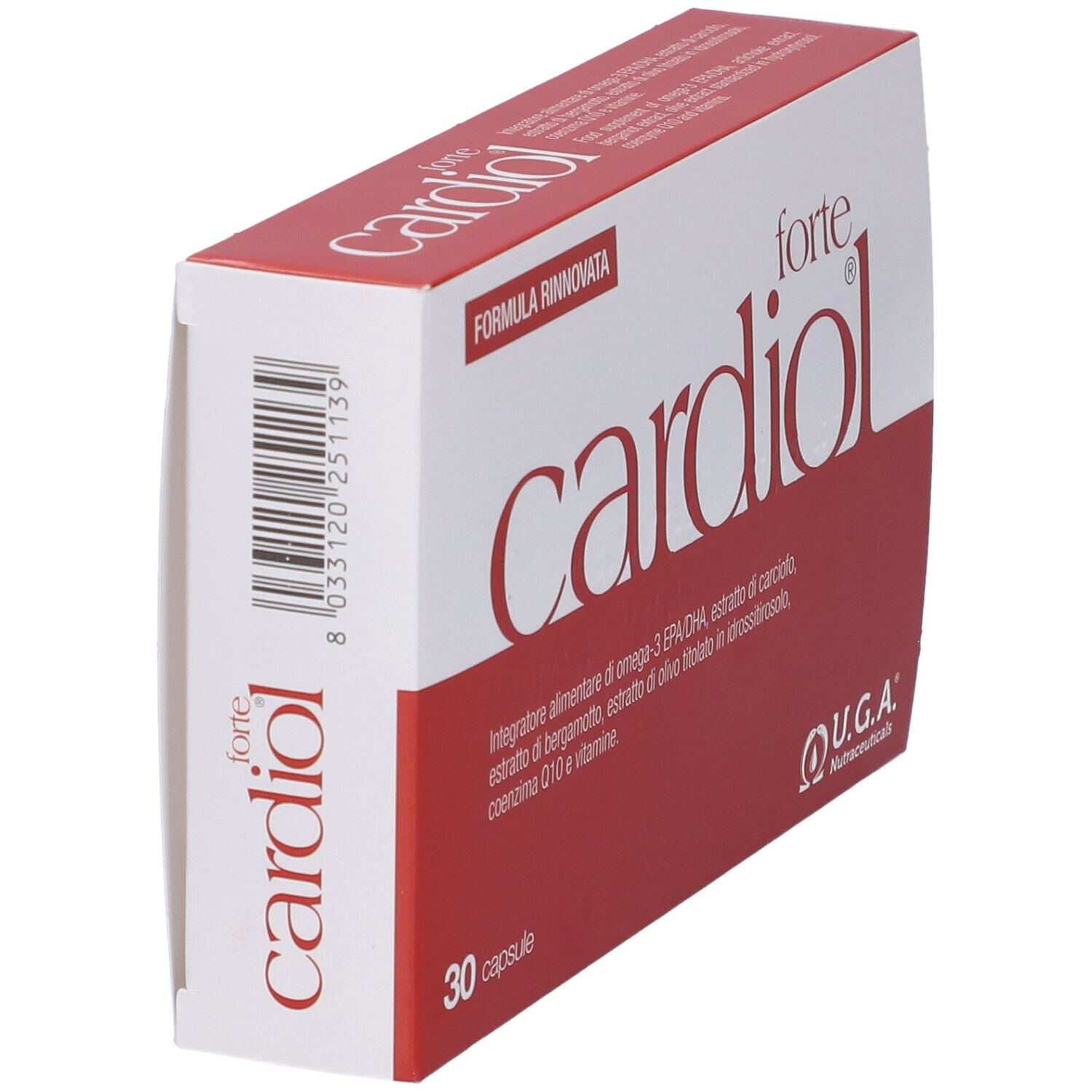 Confezione "Cardiol forte" in diagonale. Colori rosso e bianco. Codice a barre e logo U.G.A. Nutraceuticals.