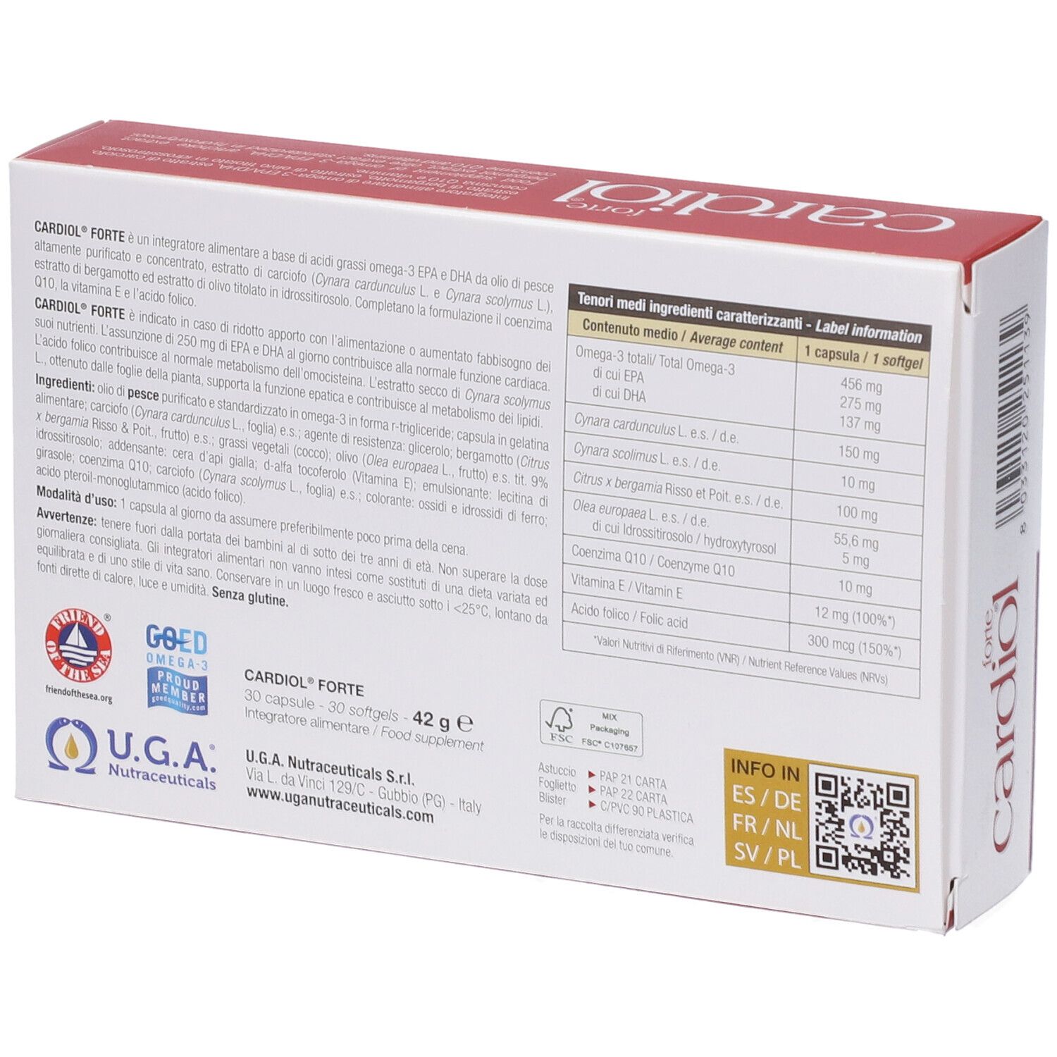 Retro della confezione "Cardiol forte". Contiene ingredienti, informazioni nutrizionali e certificazioni.