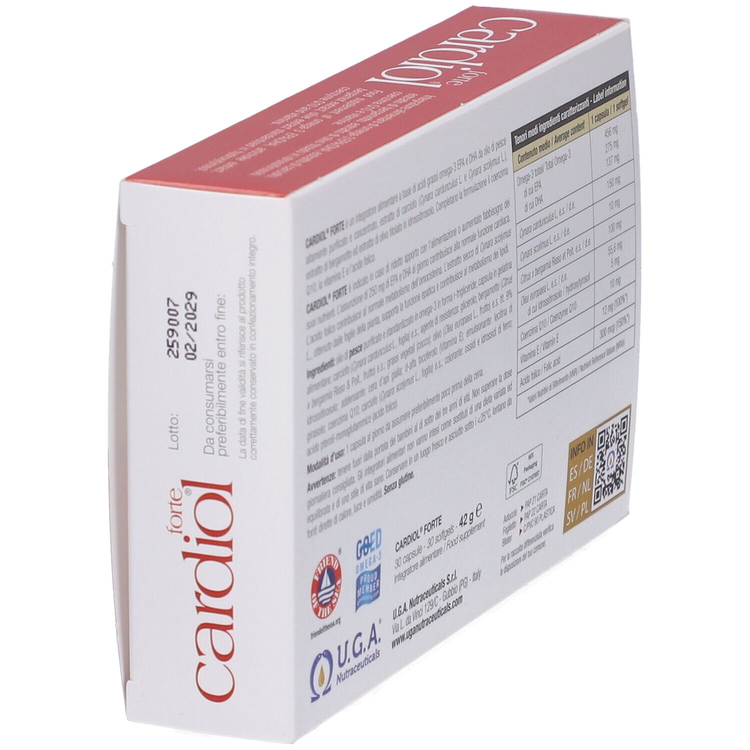 Retro della confezione "Cardiol forte". Contiene ingredienti, informazioni nutrizionali e data di scadenza.