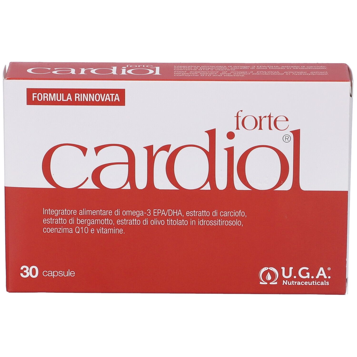 Scatola "Cardiol forte" rossa e bianca. Contiene 30 capsule. Logo U.G.A. Nutraceuticals. Informazioni e ingredienti.
