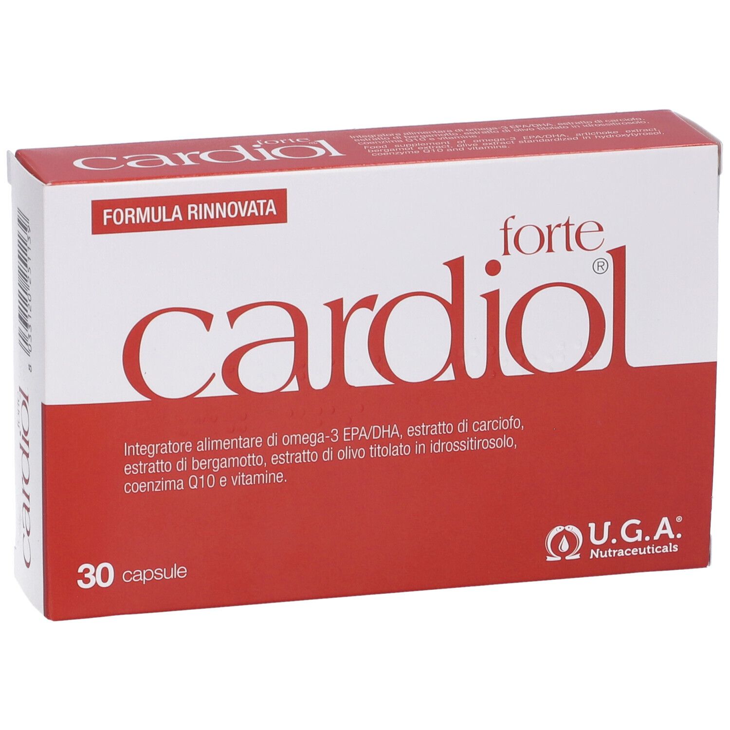 Scatola "Cardiol forte" rossa e bianca. Contiene 30 capsule. Logo U.G.A. Nutraceuticals. Informazioni e ingredienti.