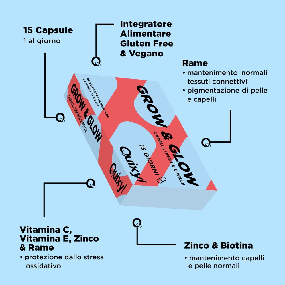 Vista prospettica della scatola. Scritte: "GROW & GLOW", "Quixy!", "15 Capsule", "Gluten Free & Vegan".