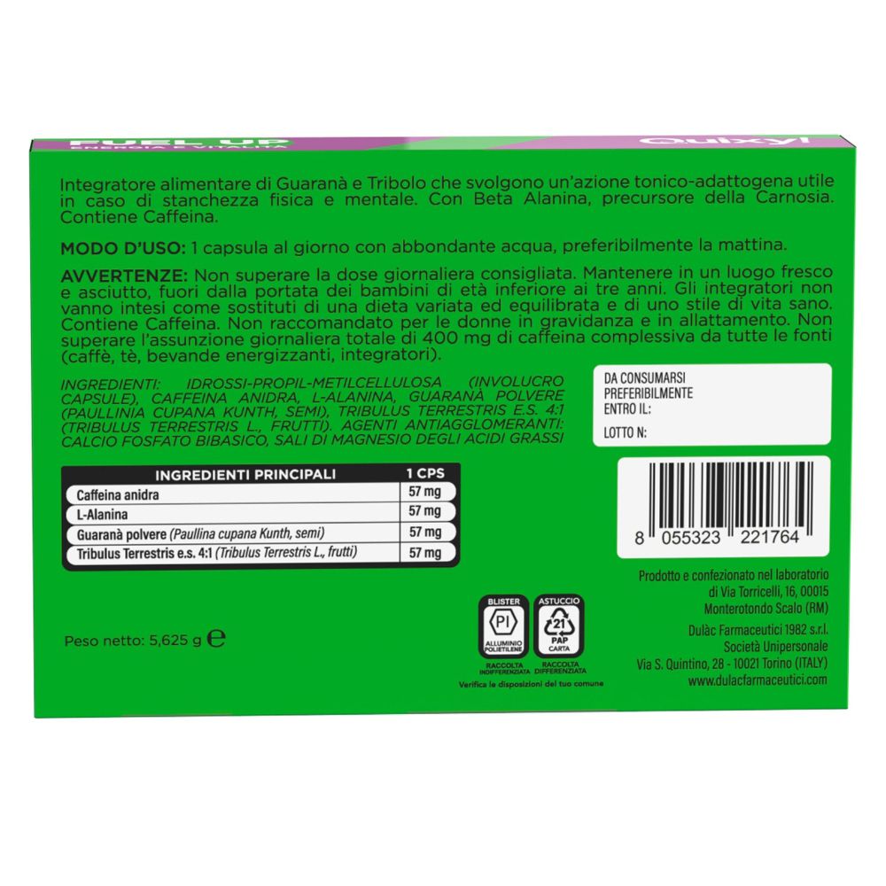 Retro della confezione "FUEL UP". Testo: ingredienti, modalità d'uso, avvertenze. Contiene guaranà, L-alanina, Tribulus Terrestris.