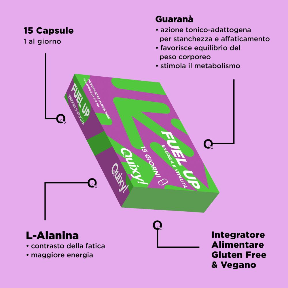 Immagine del prodotto con annotazioni. Confezione "FUEL UP". Contiene 15 capsule. Ingredienti: L-alanina, guaranà. Senza glutine e vegano.