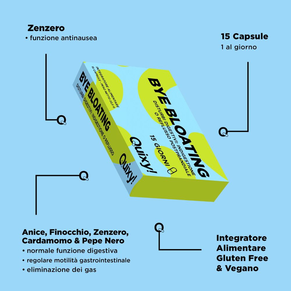 Scatola con "BYE BLOATING" e "Quixy!". Contiene 15 capsule. Scritta: Senza glutine e vegano.