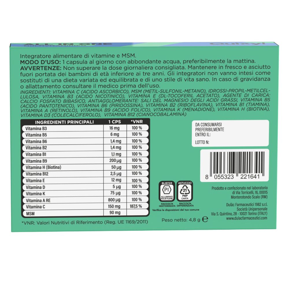 Retro della confezione con ingredienti e informazioni nutrizionali. Contiene informazioni su vitamine e MSM. Testo in italiano. Con certificazioni.