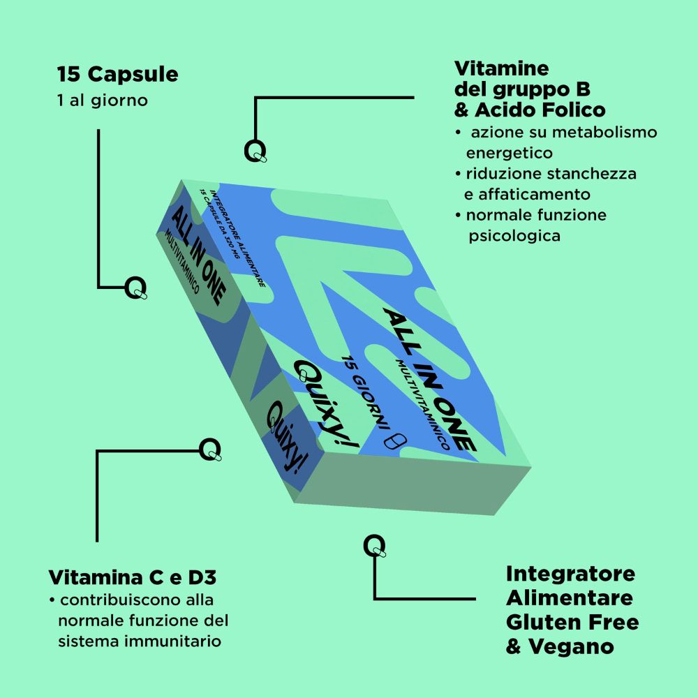 Confezione del prodotto con scritte. Contiene "ALL IN ONE", "QUIXY!" e "15 GIORNI". Informazioni aggiuntive: Senza glutine & Vegano, Vitamina C & D3, Vitamine B.