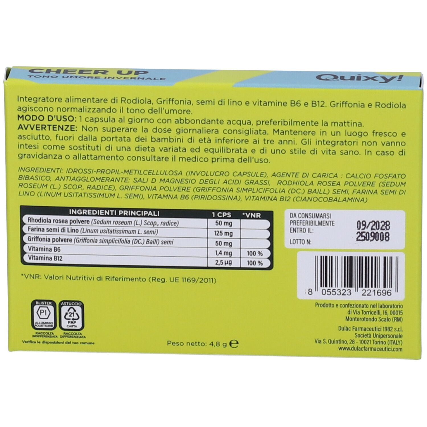 Retro confezione QUIXY F CHEER UP. Contiene informazioni sugli ingredienti, le istruzioni per l'uso e la data di scadenza.