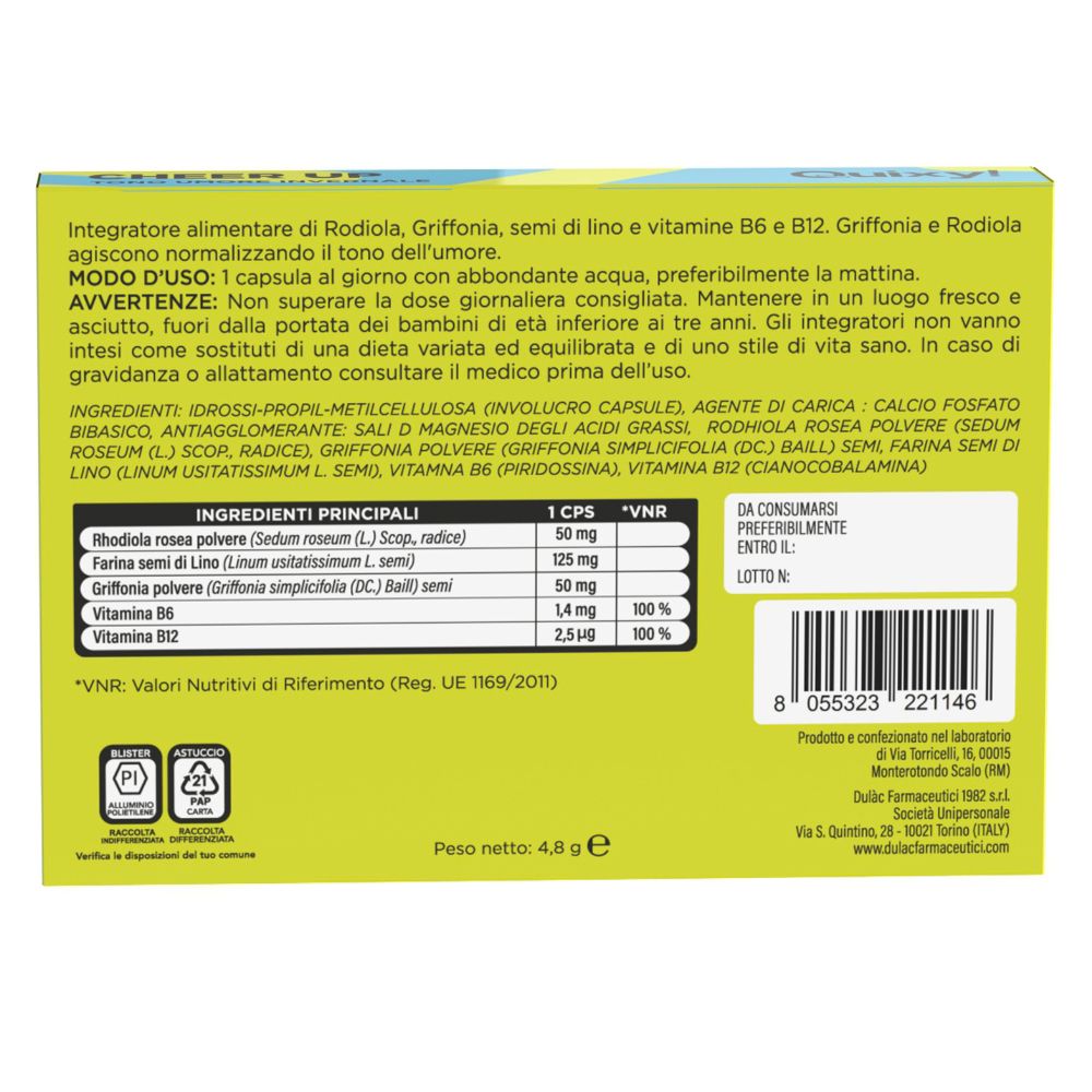 Retro della scatola con ingredienti e informazioni nutrizionali. Testo in italiano. Contiene codice a barre.