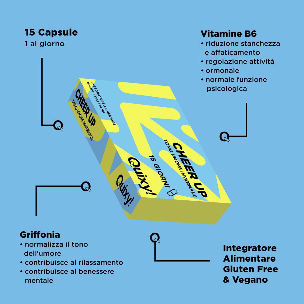 Scatola con "CHEER UP" e logo "Quixy!". 15 capsule. Contiene informazioni sugli ingredienti e i benefici.
