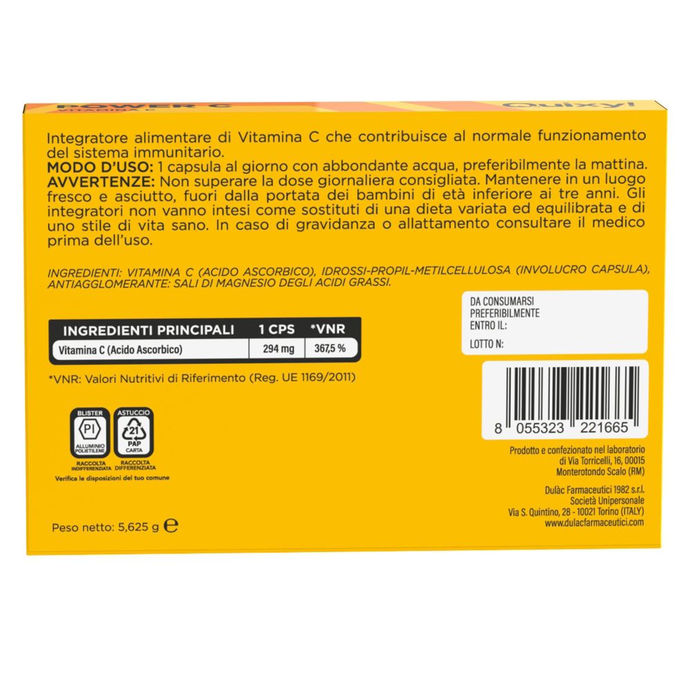 Retro della scatola gialla. Contiene testo sugli ingredienti e le istruzioni per l'uso. Codice a barre e logo.