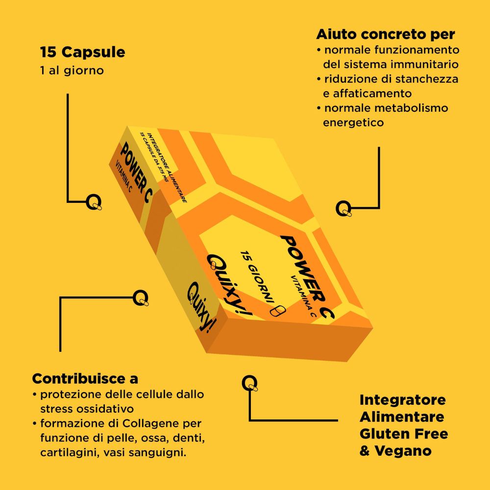 Scatola gialla con scritta "Power C" e "Quixy!". 15 capsule. Testo sui benefici e gli ingredienti.
