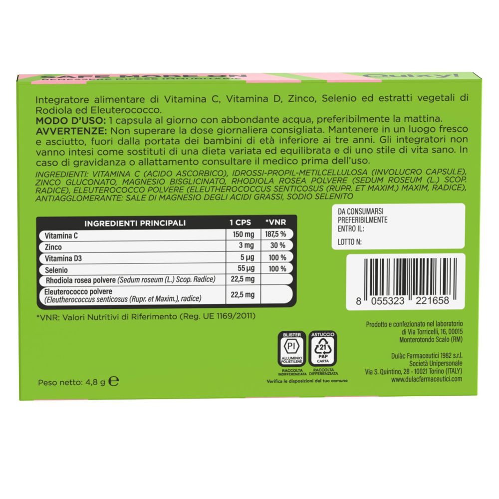 Retro della scatola. Informazioni su ingredienti, istruzioni per l'uso e valori nutrizionali. Quixy.