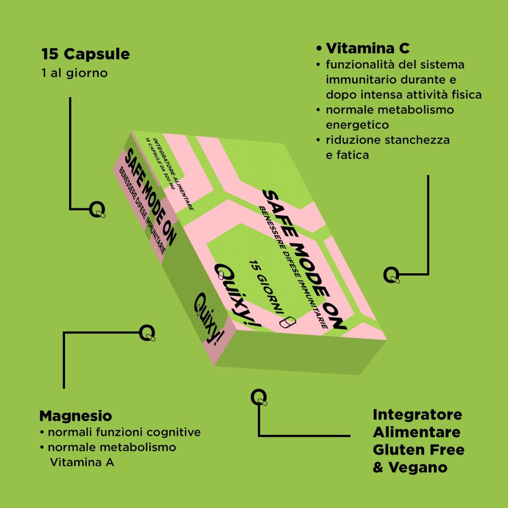Scatola SAFE MODE ON, Quixy. 15 capsule. Informazioni e vantaggi del prodotto. Design verde e rosa.