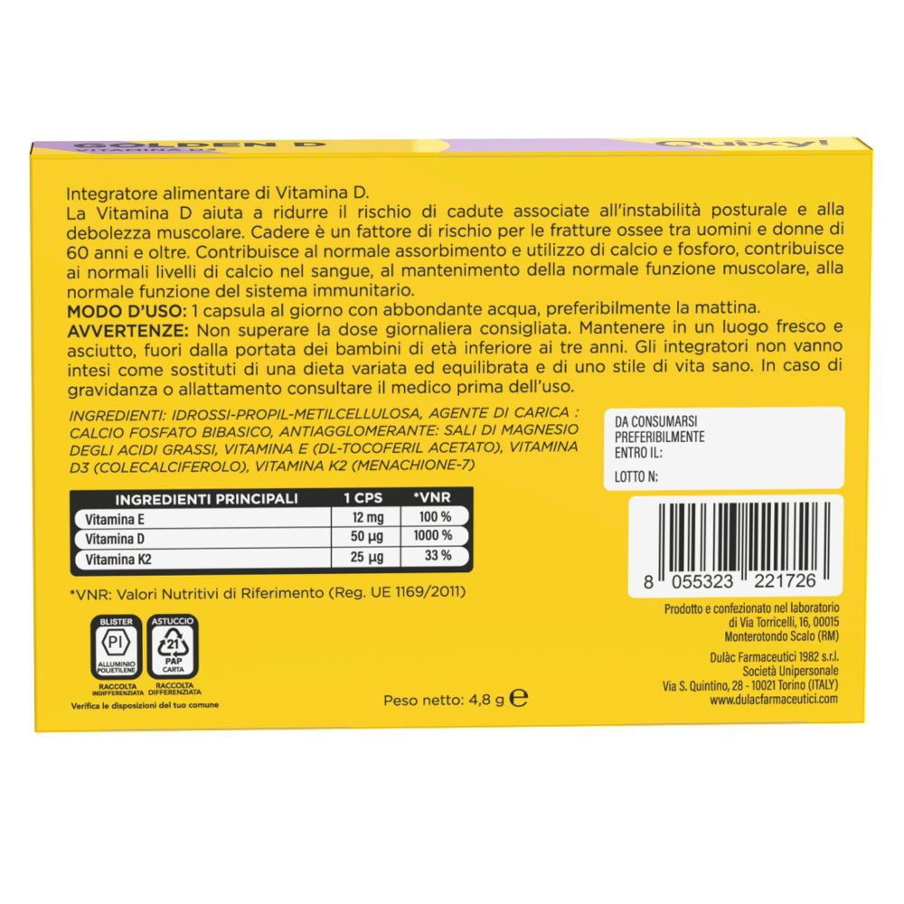 Retro della scatola con testo e ingredienti. Contiene vitamina D, E e K2. Peso: 4,8 g. Con codice a barre.