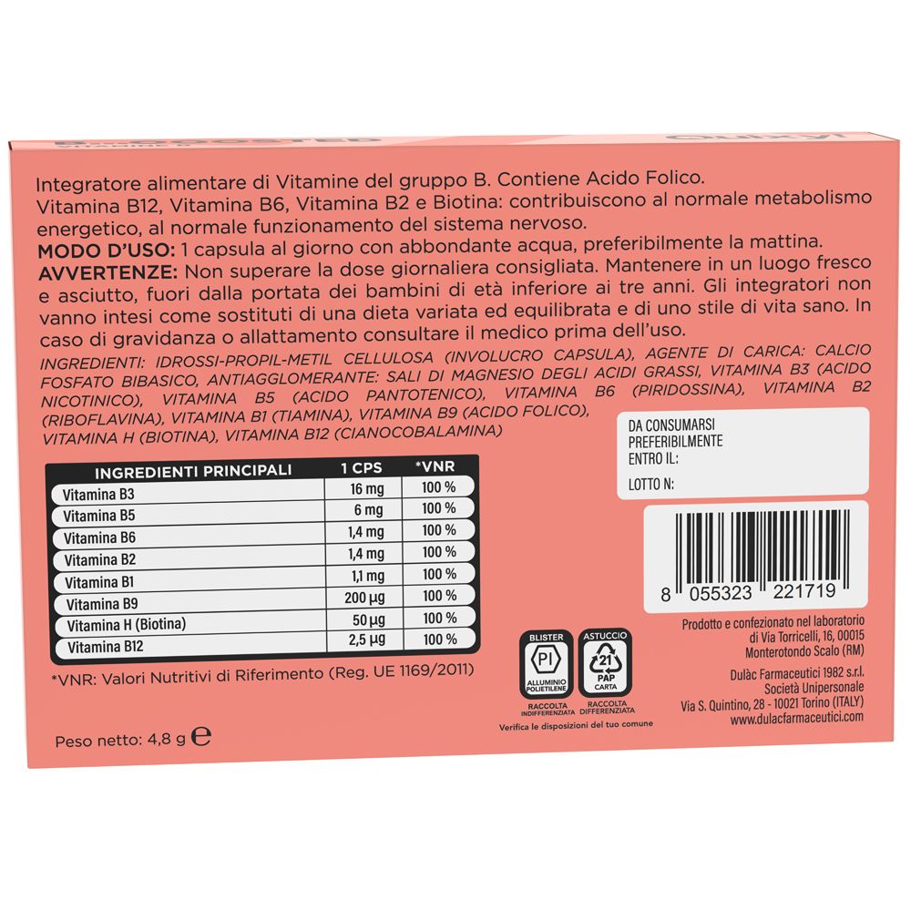 Retro della scatola con informazioni nutrizionali e tabella. Contiene vitamine B. Testo in italiano.