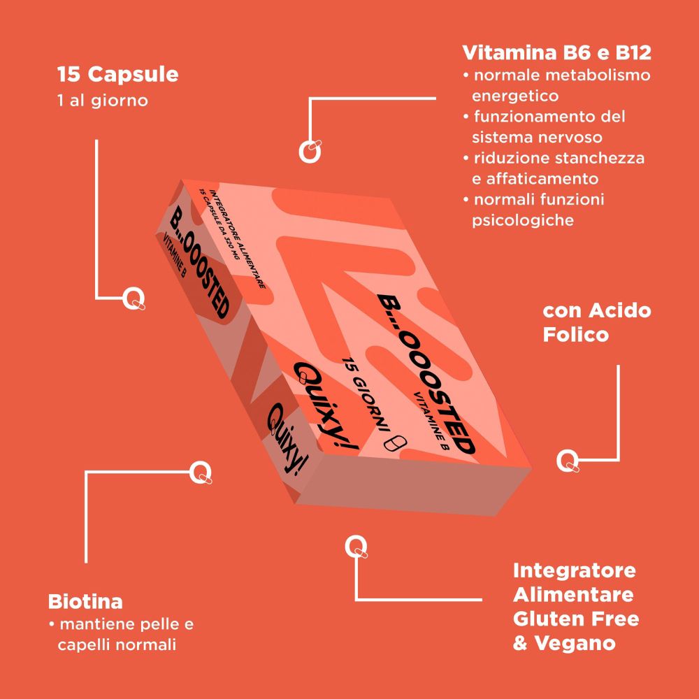 Grafica arancione con immagine del prodotto. Testo: "B...OOOSTED", "QUIXY!", "15 GIORNI". Contiene Vitamina B6, B12, Biotina, Acido folico.