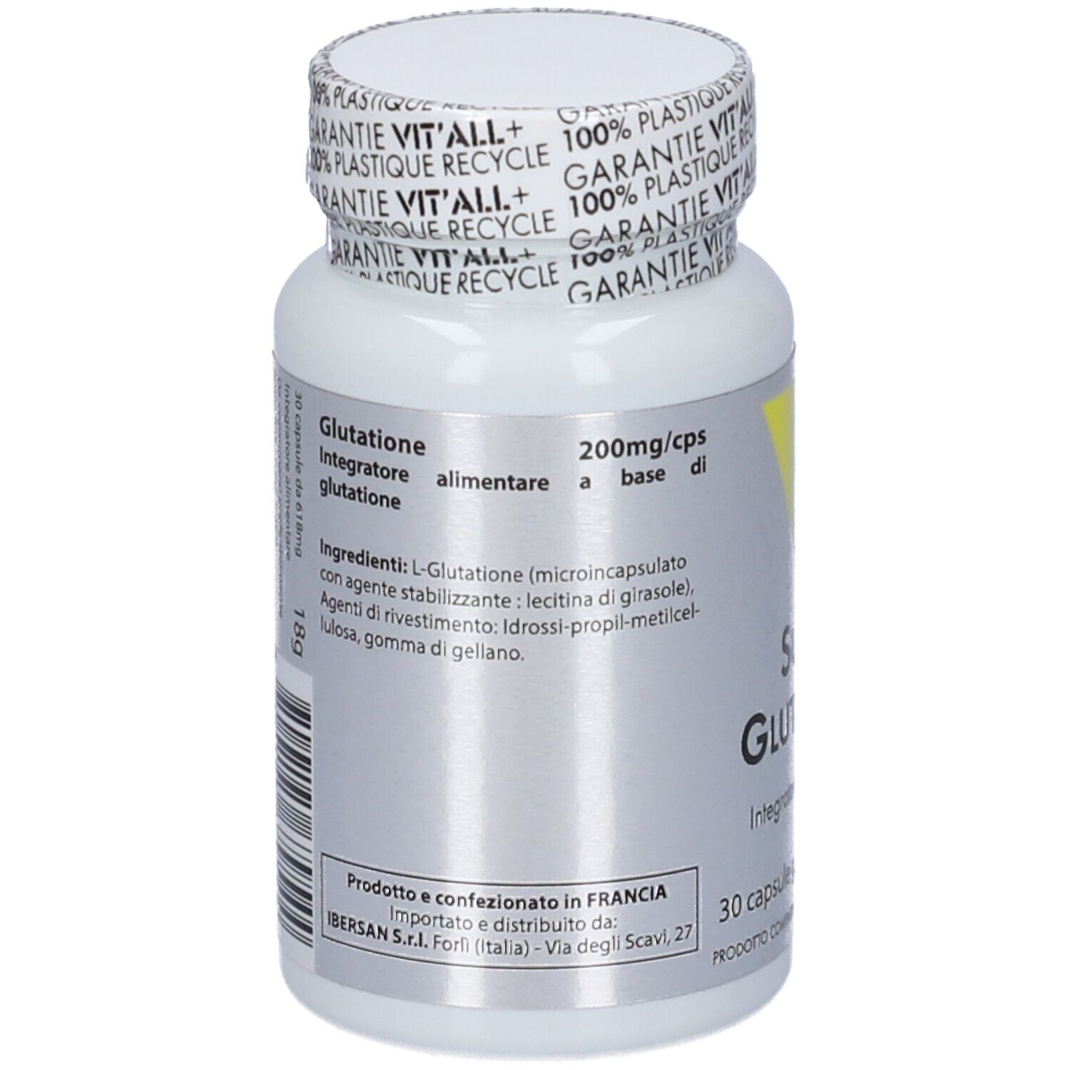Retro flacone. Ingredienti: L-Glutatione, lecitina, idrossi-propil-metilcellulosa, gomma gellano. 30 capsule.